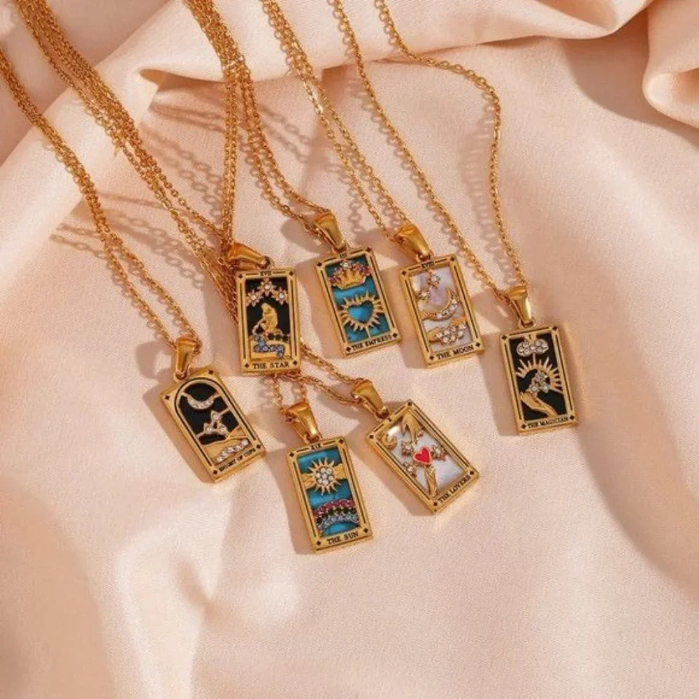 Sun Tarot Card Pendant Necklace 18K Gold Enamel Rectangle Stainless Steel - Picture 6 of 9